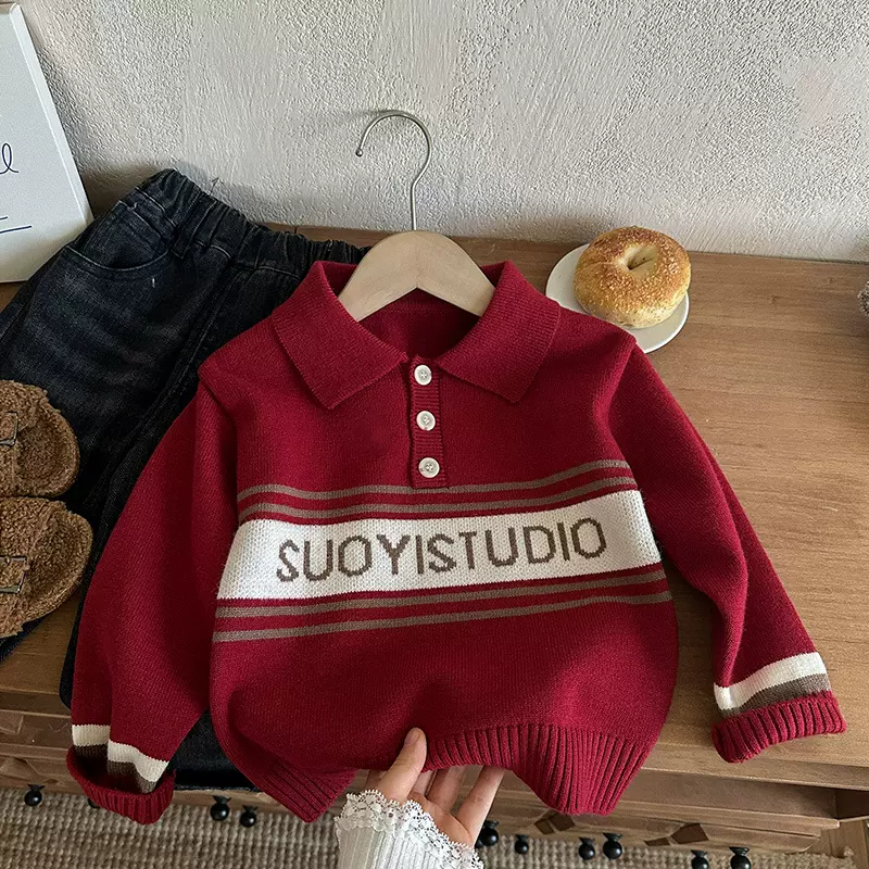 男童红色毛衣2025秋冬新款湖州织里童装韩版字母翻领洋气毛线衫潮