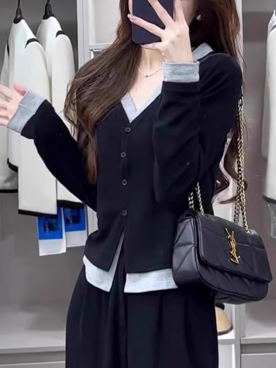 블랙 페이크 투피스 V 넥 긴팔 티셔츠 여성용 초가을 뉴 플러스 사이즈 통통녀 베이스 셔츠 슬림 니트 카디건 탑