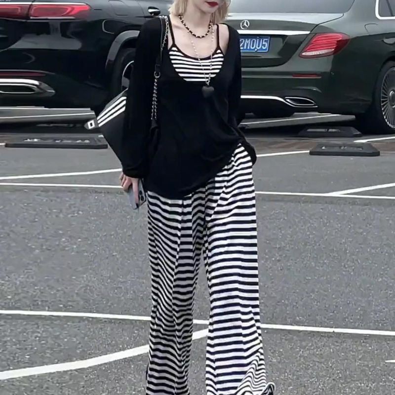 秋季韩系套装女显瘦减龄运动休闲条纹吊带阔腿裤长袖上衣三件套潮|undefined