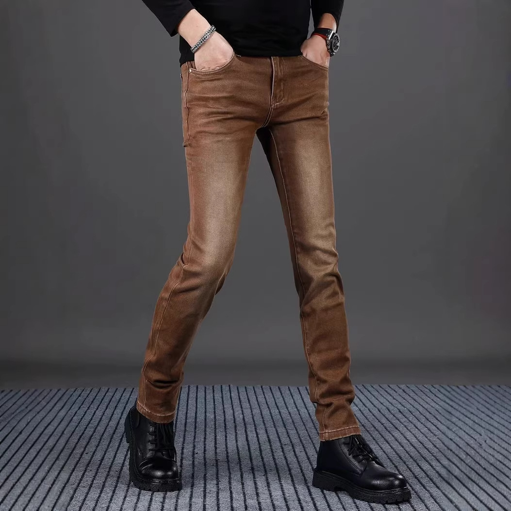 Men's Coffee Colored Slim Fit Jeans Casual Spring Style mid Waist Cotton Long Pants Black Gray Blue Wide Leg Skinny Jeans_voghion.com