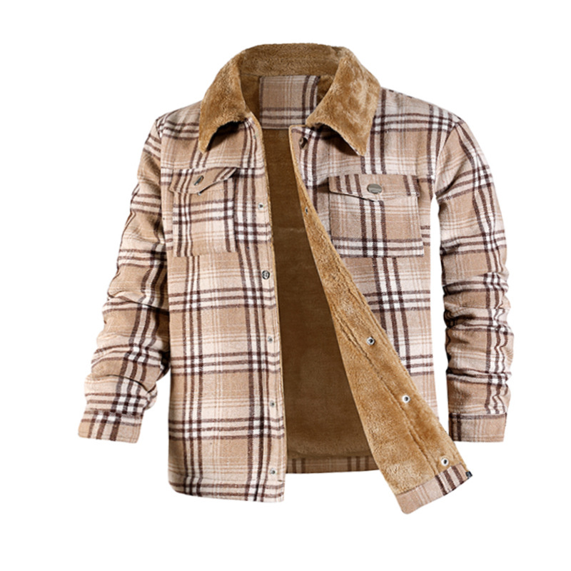 Giacca da uomo in flanella a quadri di nuovo stile, a maniche lunghe, con risvolto, in pile per calore e vestibilità ampia_voghion.com