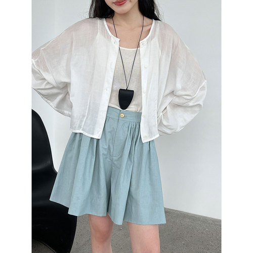 Lüxi Korean-style minimalist cotton-linen wide-leg shorts for women, summer new cool pleated A-line high-waist casual pants 1905