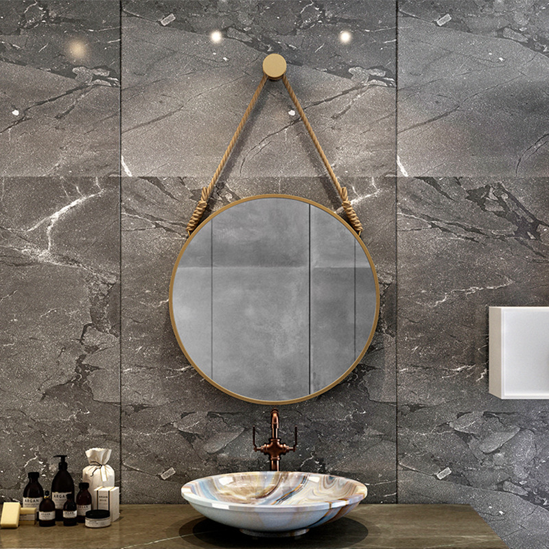 Nordic Style Wrought Iron Hemp Rope Decoration Hanging Mirror Hotel Bathroom Round Bathroom Mirror Household Bedroom Wall Mounted Dressing Mirror