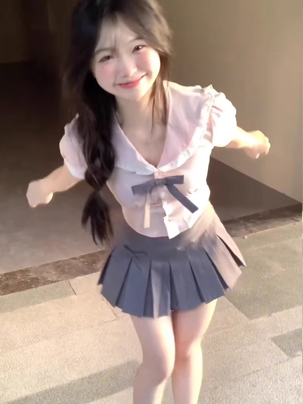 カレッジスタイルスイートホットガールピンクスーツ女性の夏jk制服小柄な韓国シャツプリーツスカート2点セット|undefined
