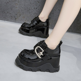 Platform Loafers Women's 2024 Autumn New Velcro Inner Height Increasing Women's Shoes British-style Round-toe Joker Small Leather Shoes