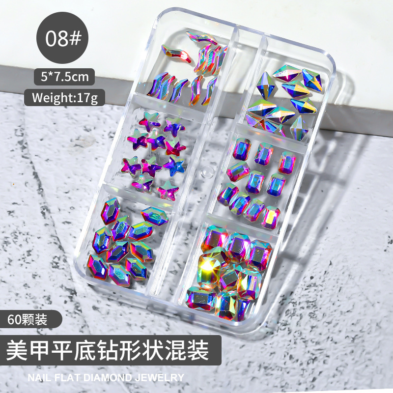 Cross-border Especial 6-grid Caja Mixta joyería de uñas transparente cuadrado plano espejo de diamante en forma especial Aurora uñas Rhinestone