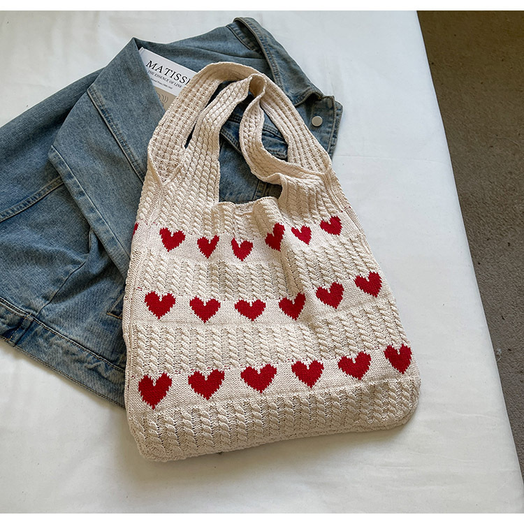 Exquisite Heart-shaped Knitted Women's Shoulder Handbag Shopping Bag_voghion.com
