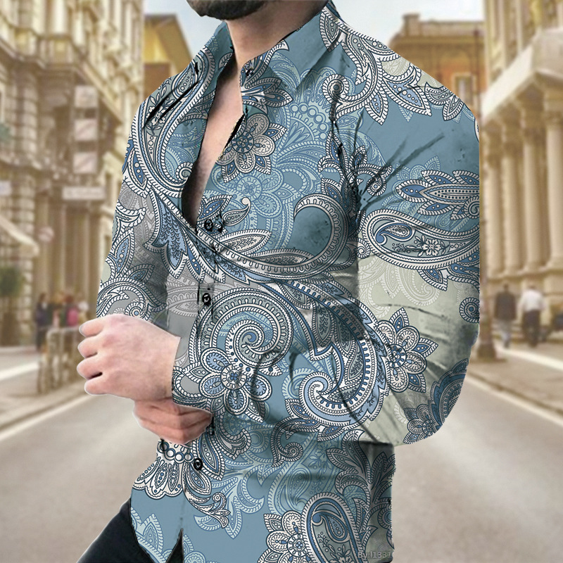 Spring And Autumn New European And American Men's Long Sleeve Shirt Casual Printed Shirt_viptrois.com