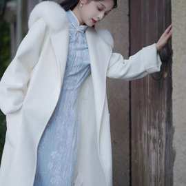 白月光白色双面呢羊毛大衣2023冬季新款毛呢外套配旗袍真毛领大衣