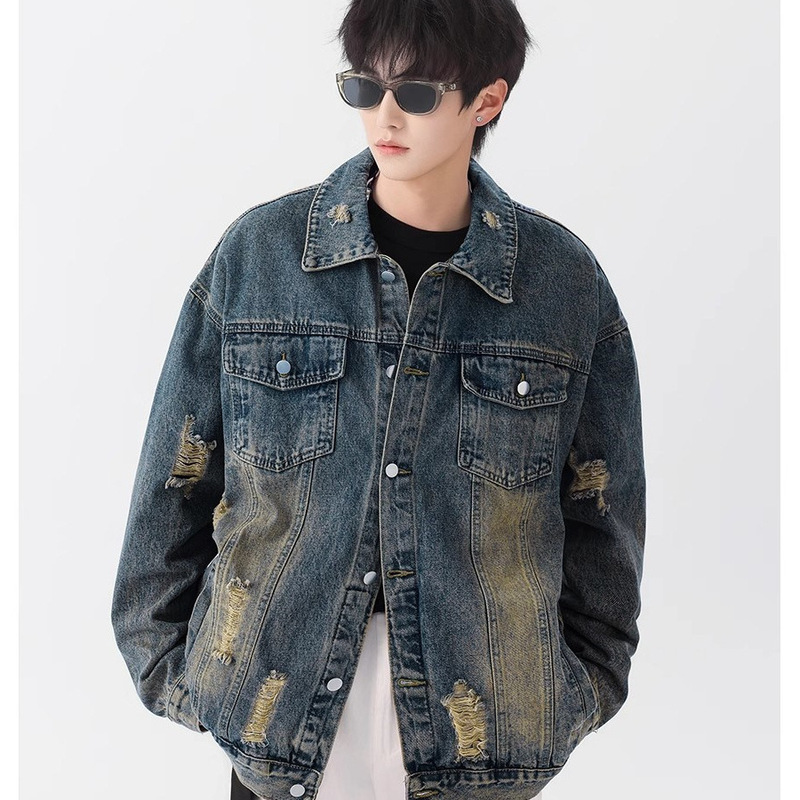 Ripped Edge Denim Jacket Men's Spring and Autumn American Style vintage Old Style Washed High Street Jacket Trendy