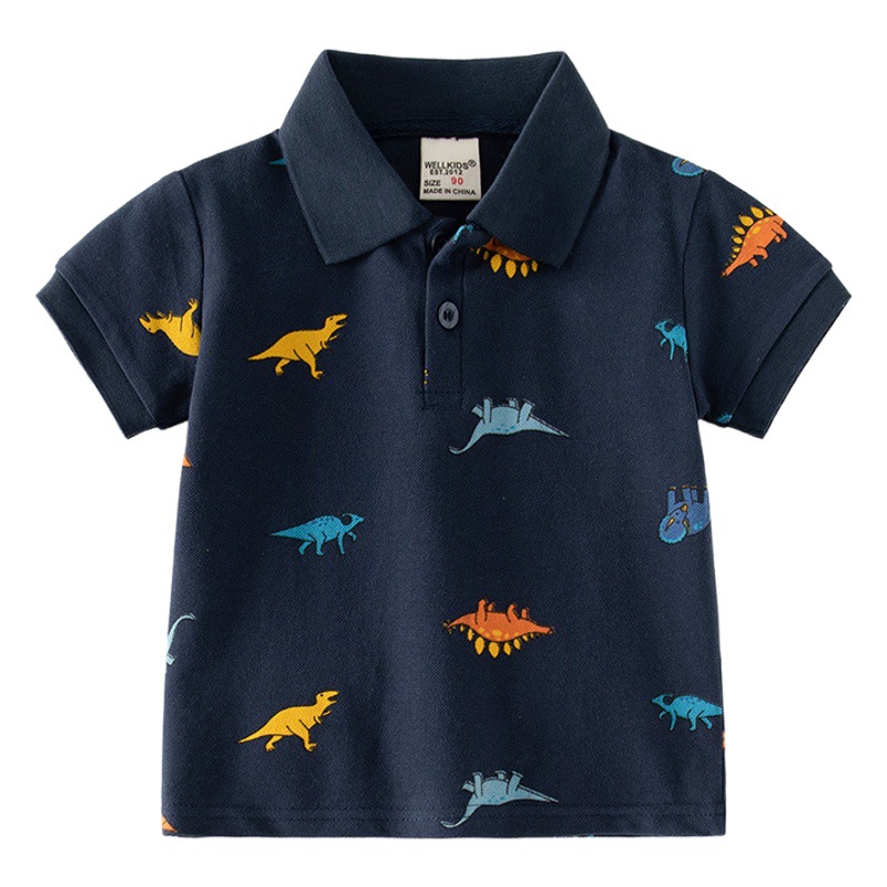Summer New Cartoon Dinosaur Print Boy's Polo Shirt Navy Blue Casual Lapel Pearl Cotton Children's Short Sleeve