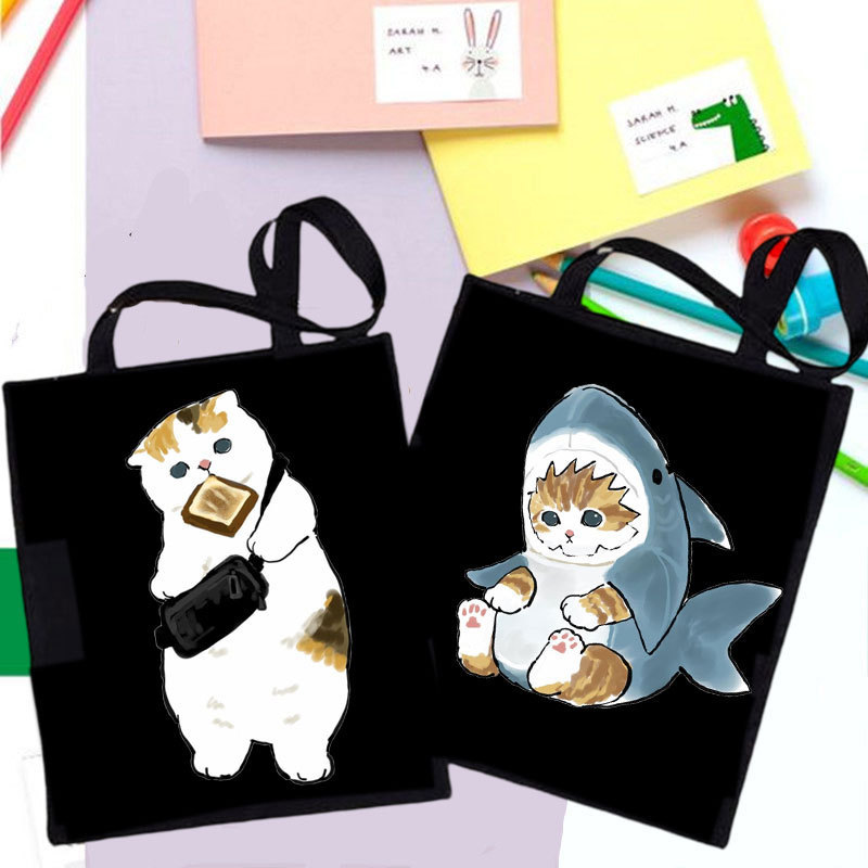 Cartoon Shark Cat Cat Printed Canvas Bag Shoulder Backpack Student Casual Global Foreign Trade Portable Shopping Bag