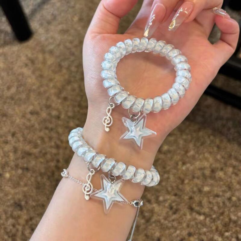 Fresh and Simple Milk Blue Star and Musical Note Telephone Cord Hair Tie, Sweet and Cute Ins-Style Seamless High-Elastic Hair Band Fresh and Simple Milk Blue Star and Musical Note Telephone Cord Hair Tie, Sweet and Cute Ins-Style Seamless High-Elastic Hair Band