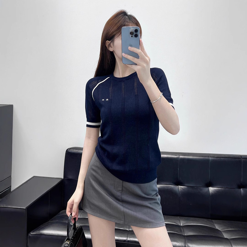 Mm Navy Blue Patchwork Color-Block Wool Crew Neck T-Shirt for Women with Embroidered Jacquard Letter Logo Raglan Knit Top