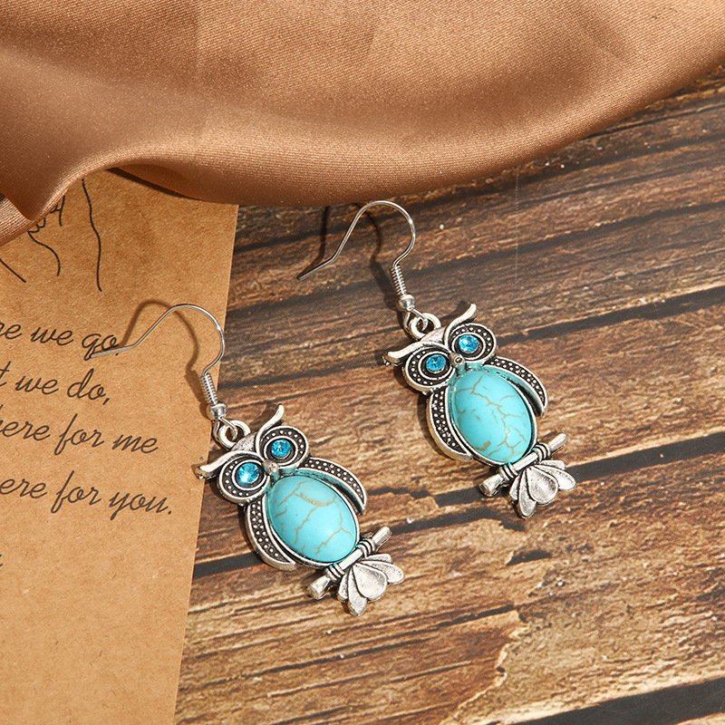 New European and American turquoise earrings retro owl factory direct earrings