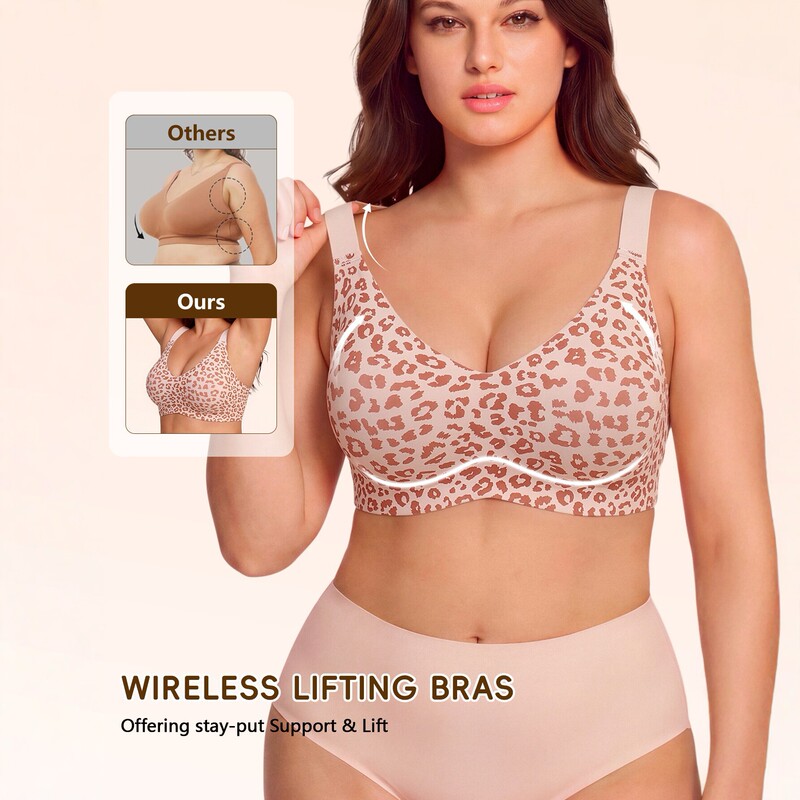 Wireless Seamless Push-Up Bra for Women, Leopard Print Deep V, No Underwire, Jelly Strip Support, Plus Size Comfortable Underwear