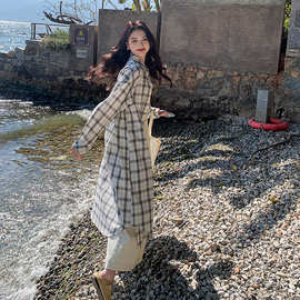 实拍韩国小众宽松格子中长款衬衫外套女长袖衬衣春季百搭休闲上衣