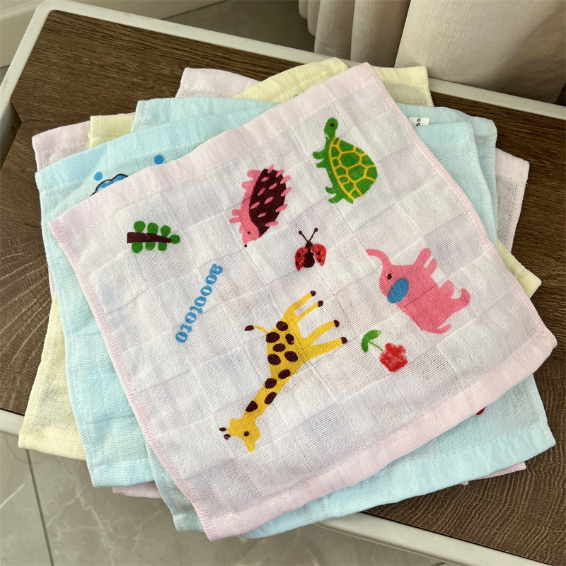 素色雙層棉質卡通圖案紗布印花方巾 嬰兒寶寶25*25cm孕嬰店口水巾