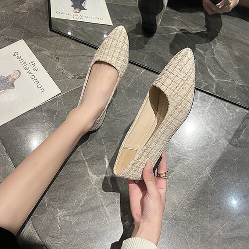 2025 Spring New Korean Style Pointed Toe Single Shoes Fashion Checkered Low-Top Flat Shoes Bead Women's Shoes Wholesale