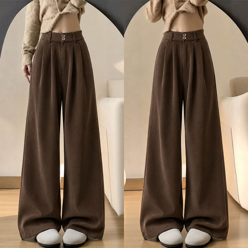 Coffee-Colored Women's Suit Pants, Autumn and Winter 2026 New Corduroy Pants, Casual Fleece-Lined Thickened Chenille Wide-Leg Pants