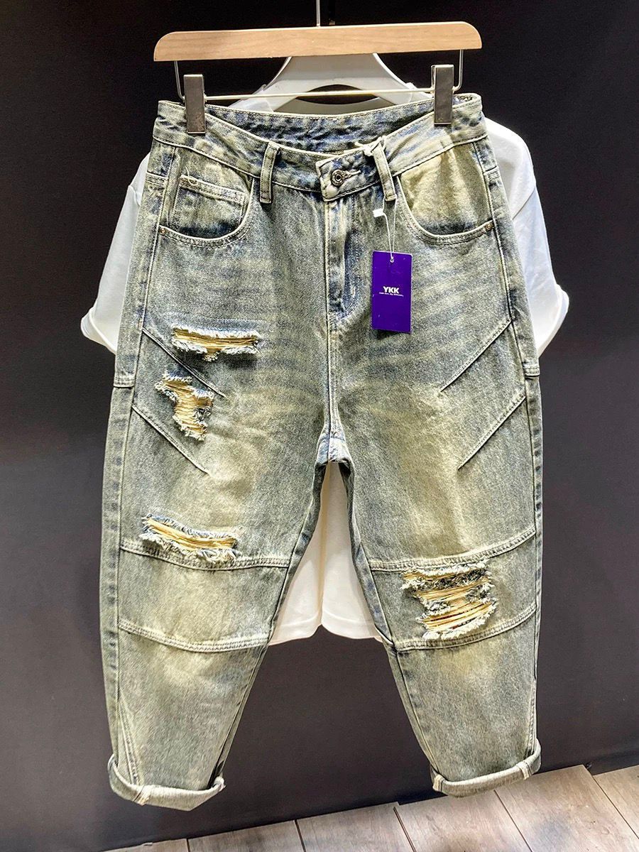 春秋新款美式复古宽松多口袋工装牛仔裤男士潮牌哈伦裤破洞补丁裤