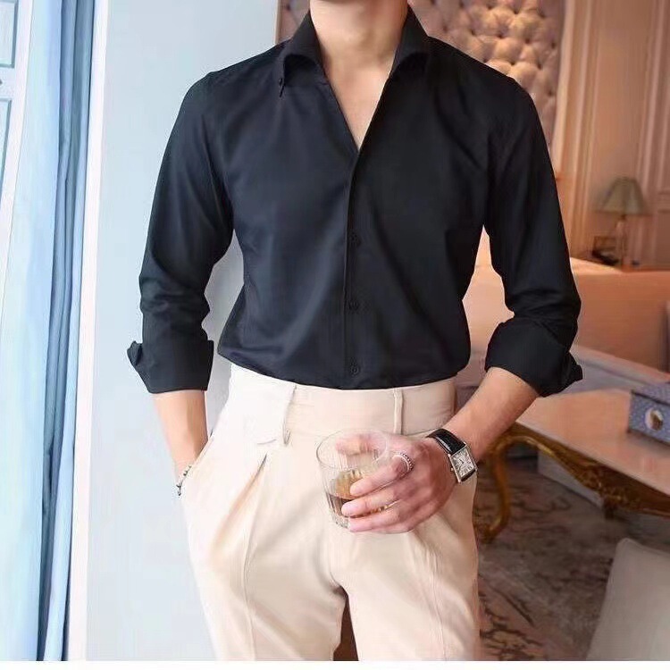 Quality British Style Italian Collar One Pieces Collar Design Men's Long Sleeve Slim Fit Shirt Gentleman Exquisite Business White Shirt