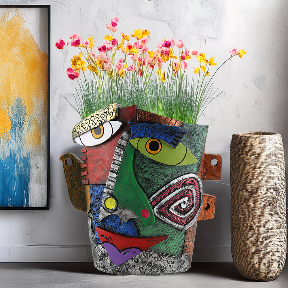  New Creative Face Frowning Abstract Colorful Flower Pot Personalized Resin Craft Courtyard Garden Home Ornaments