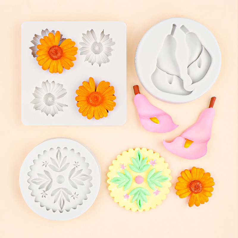 Cuatro piezas de silicona margarita molde para hornear pastel de bricolaje fondant flor molde de chocolate molde de viruta de cera epoxi