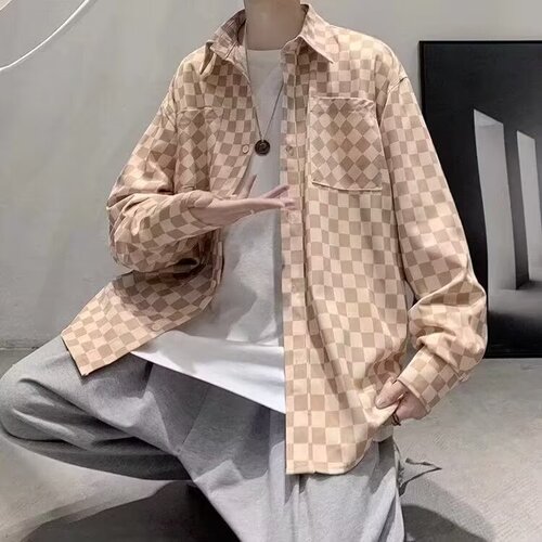 Men's Long-Sleeve Casual Button-Down Shirt with Chessboard Pattern for 2024 Spring, Offering a High-End Style - Youthful Solid Color Top for Layering Over a Blouse or Jacket