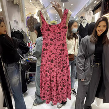 韩国东大门2024夏季新款时尚复古花朵显瘦方领无袖连衣裙女中长裙