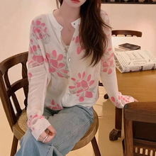 欧洲站2023早春烫钻小清新花朵宽松慵懒风长袖套头薄针织毛衣女潮