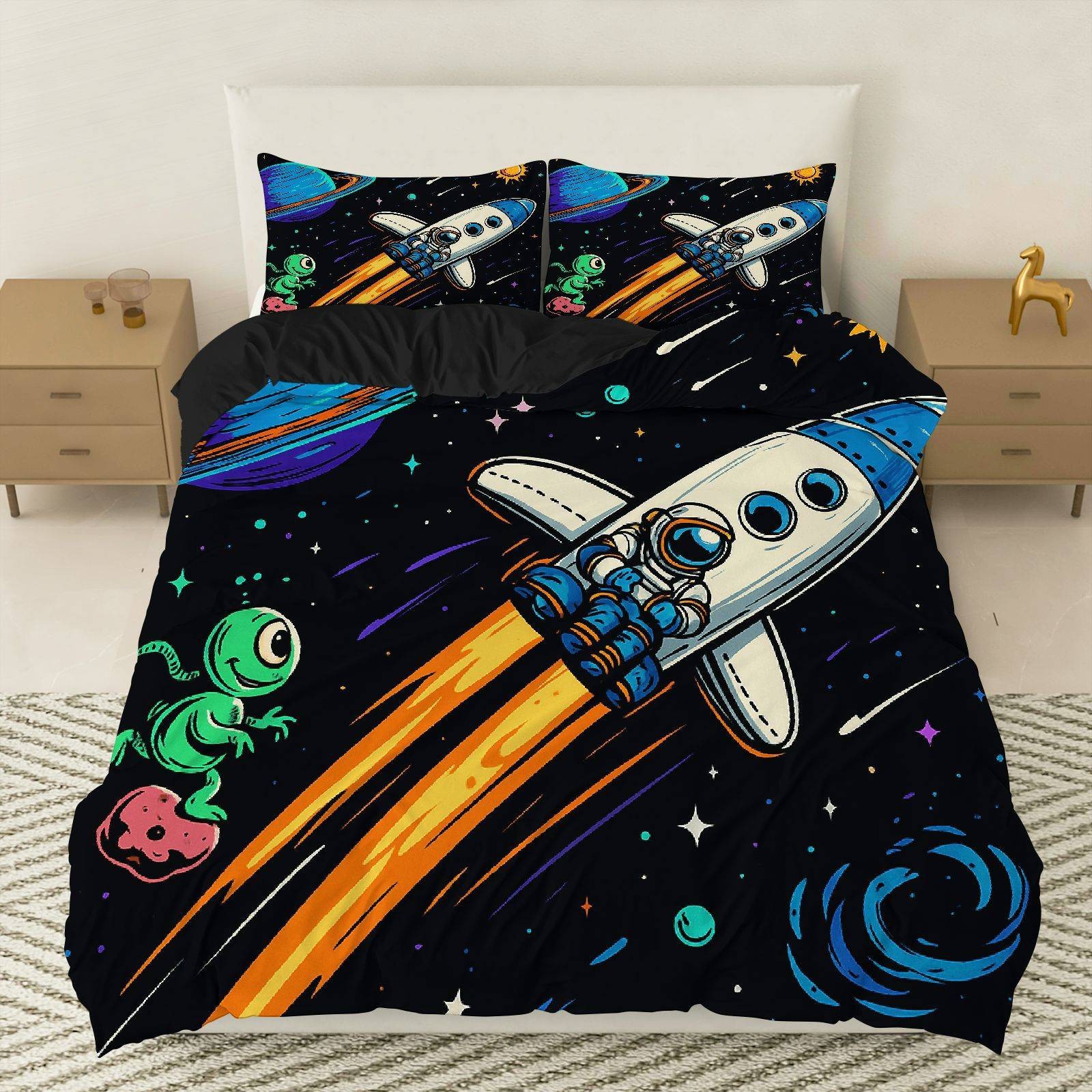 Cartoon Astronaut Digital Printed Edredon Kit Textile Transpirable Transfronterizo Fuente TEMU / JIT