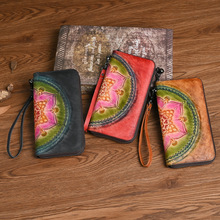 2025新款中国风手工擦色钱包大容量头层牛皮女式小手包拉链手机包