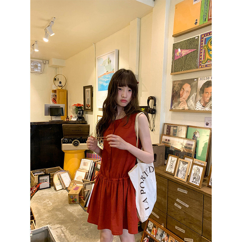 抽绳腰背心短裙圆领娃娃裙女夏新款设计感宽松a字连衣裙