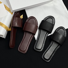 外贸原单新款北欧极简冷淡风真皮一片式平底拖鞋舒适外穿女士凉拖