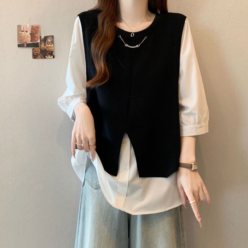 Plus Size Casual Versatile Summer Loose Fit for Chubby Girls Fake Two-Piece 150kg Round Neck Top