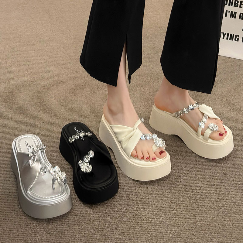 High-rise Thick-soled Thick-soled Sandals for Women Summer Outer-wear 2025 New Style Fashionable Skirt Set Toe Rhinestone High-heeled Sandals