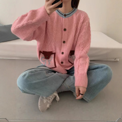 蝴蝶结麻花毛衣撞色开衫女秋冬2025新款复古软糯慵懒风针织外套潮
