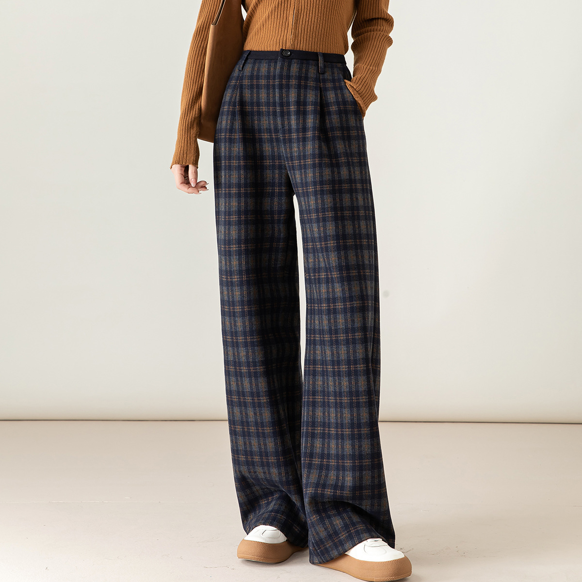 Xinge Nuo Mi Pants New Korean Style Autumn and Winter Plaid Wide Leg Pants Women's Relaxed Casual Plaid High Waist Slim Pants