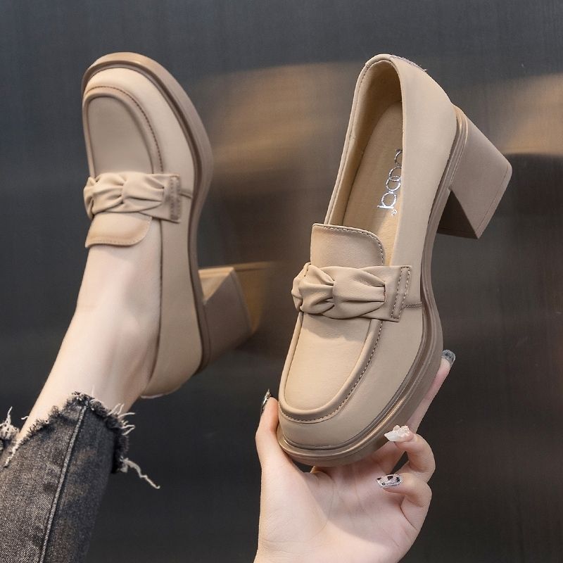 真软皮粗跟高英伦风小皮鞋秋季新款时尚一脚蹬复古单鞋