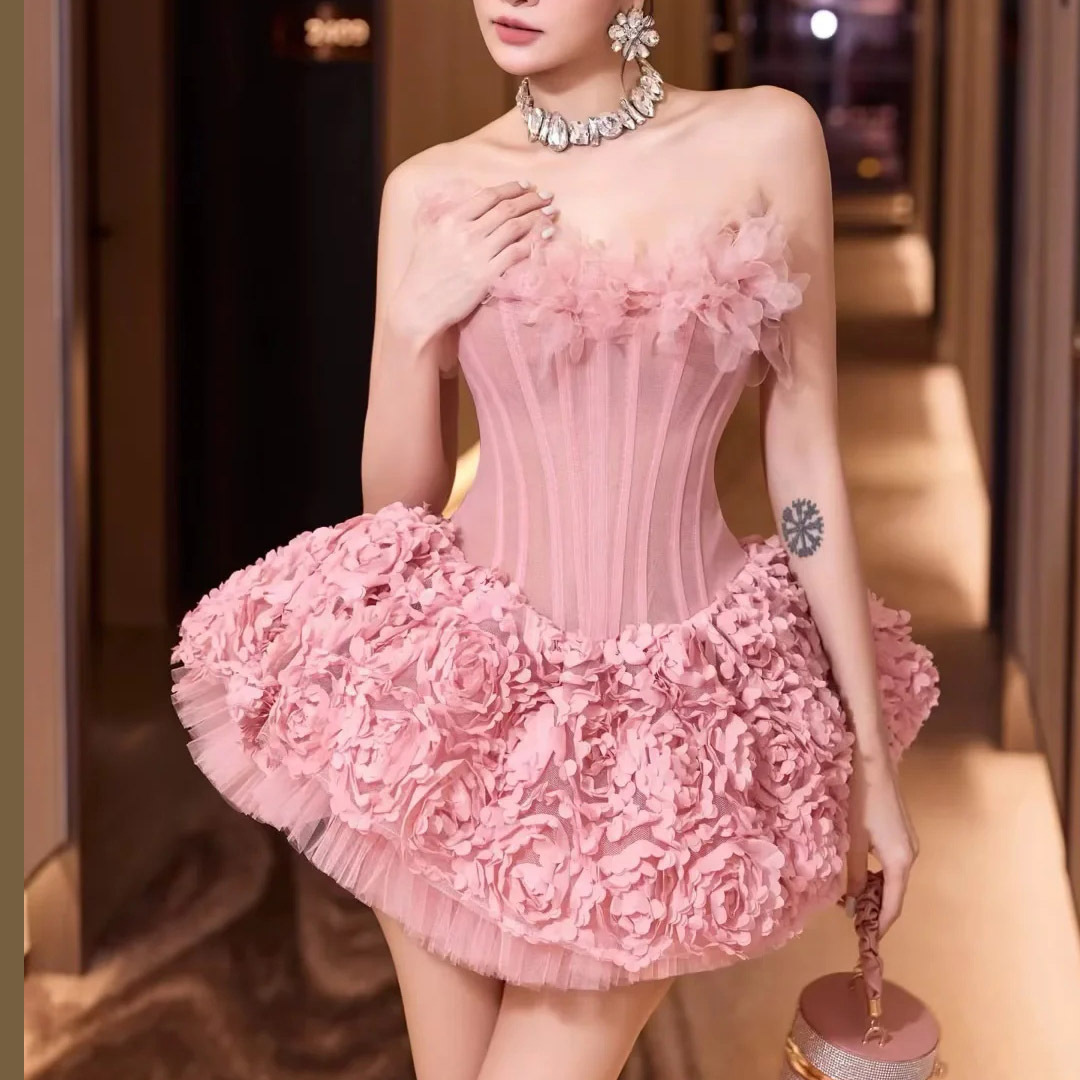 French Socialite Style Three-Dimensional Flower Dress for Women 2025 New Sleeveless Tube Top Waist Mesh Splicing Dress