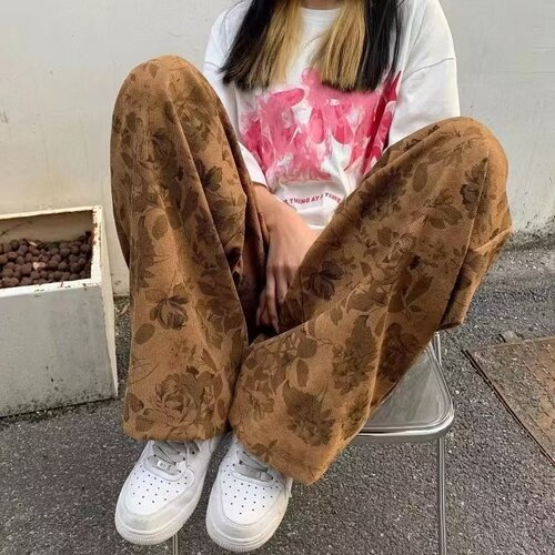 Men's Spring American Retro Floral Casual Loose High-Waist Straight Leg Long Pants Slim Wide Leg Pants Trendy