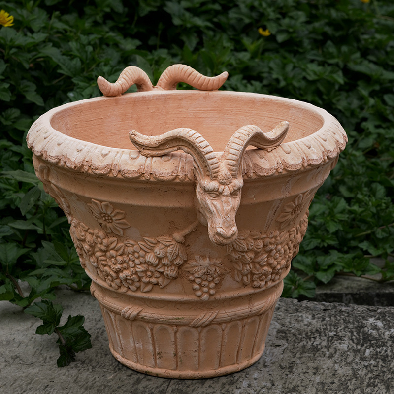 Handmade Sheep Head Flower Pot Stoneware Pot Large Red Pottery Pot Breathable Roman Retro Garden Courtyard Outdoor Floor-Standing Flower Pot