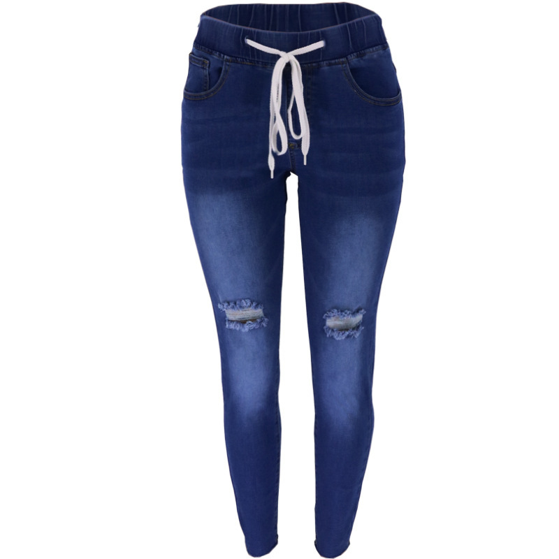 Jeans Ajustados de Mujer con Cordón de Mezclilla de Algodón, Cintura Alta, Alta Elasticidad, Desgastado a Mano