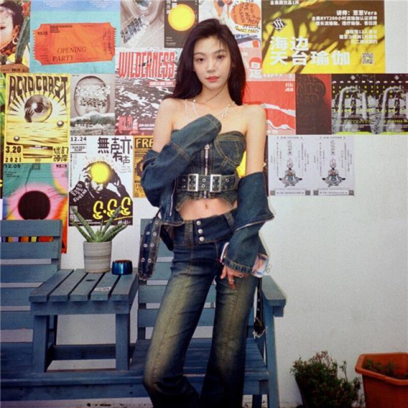Yi Mengling celebrity style jeans tube top short design sense niche sexy slimming hot girl suit