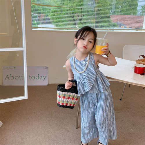 韩国童装夏季新款女童时髦套装儿童荷叶边格子背心裤子两件套