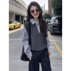 早秋条纹polo领长袖针织衫女装2025新款时尚洋气设计感假两件上衣