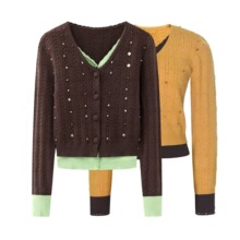 现货2025秋季新款复古撞色假两件V领短款针织开衫女 LF25D21ZM140