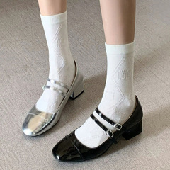 一眼淪陷！法式瑪麗珍鞋黑色水鑽一字扣帶方頭淺口粗跟單鞋仙女風