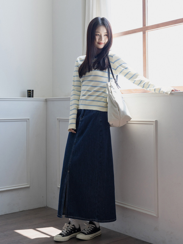 HUIXI绘系「秋日慵懒风」条纹针织衫女秋季内搭打底修身长袖上衣|undefined
